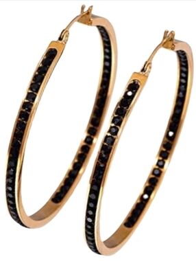 Big Gold and Black Rhinestone Hoop Earrings Sparkle CZ Crystal Channel Hoops